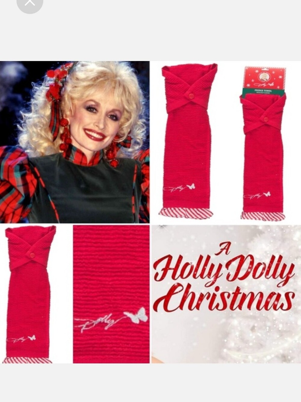 NWT Dolly Parton Christmas Kitchen Fridge Towel With Snap – Red & White-14x24 In
